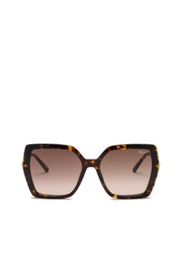 Lunettes de soleil carrées oversize avec monture écaille de tortue et verres marron dégradés, présentant un logo de marque subtil dans le coin supérieur d’un verre.
