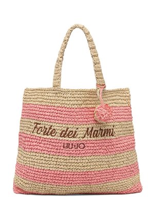 Borsa tote intrecciata a righe beige e rosa con due manici, pon pon decorativo e scritta "Forte dei Marmi LIU JO" ricamata sul davanti.