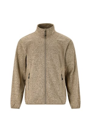 Beige vetoketjullinen takki korkealla kauluksella, kirjavalla kankaalla ja kahdella sivutaskulla. Ominaisuuksiin kuuluvat joustavat hihansuut ja suora leikkaus.