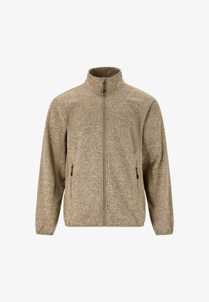 Beige vetoketjullinen takki korkealla kauluksella, kirjavalla kankaalla ja kahdella sivutaskulla. Ominaisuuksiin kuuluvat joustavat hihansuut ja suora leikkaus.
