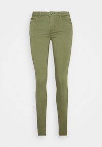 Olijfgroene skinny jeans gemaakt van een rekbare katoenmix. Voorzien van een taille met medium hoogte, vijf zakken en een voorsluiting met rits en metalen knoop.