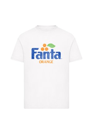 White cotton t-shirt featuring a blue and orange "Fanta" logo with orange circles and a green leaf accent, short sleeves and crew neckline.