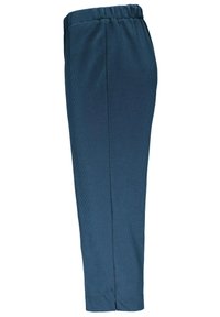 Broek in donkerblauwe ribstof met een elastische tailleband, getailleerd ontwerp, recht gesneden pijpen en subtiele zomen aan de zijkanten.