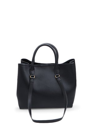 Black faux leather tote bag with dual top handles and adjustable shoulder strap. Smooth texture with gold-tone hardware accents.