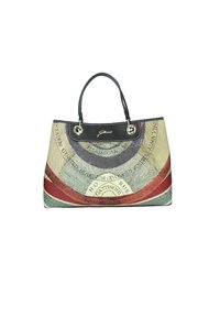 Grande borsa a tracolla con un'esterno decorato da un motivo colorato ispirato alla valuta, manici in pelle nera e accessori metallici.