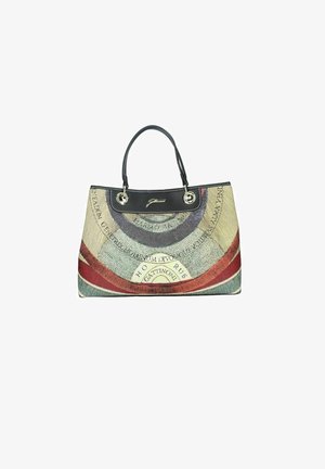 Grande borsa a tracolla con un'esterno decorato da un motivo colorato ispirato alla valuta, manici in pelle nera e accessori metallici.