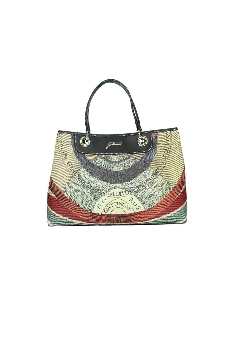 Grande borsa a tracolla con un'esterno decorato da un motivo colorato ispirato alla valuta, manici in pelle nera e accessori metallici.