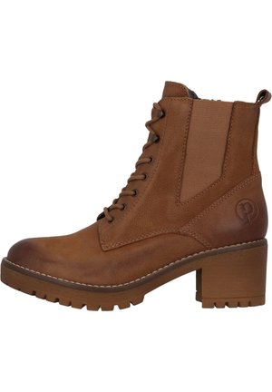 Brown leather ankle boot with lace-up front, elastic side panels, and a chunky heel. Features textured surface and rugged sole.