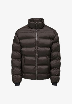 Chaqueta acolchada de color marrón oscuro con cuello alto, cierre frontal con cremallera, puños elásticos y diseño de paneles cosidos para aislamiento.
