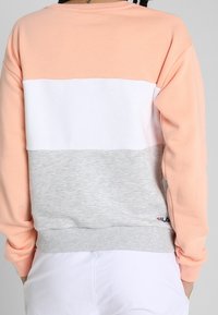 Sudadera con bloques de color que presenta paneles en suave melocotón, blanco y gris. Fabricada en una mezcla de algodón con puños y dobladillo de canalé. Logo de Fila en la parte inferior izquierda.