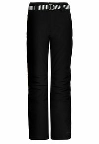 Pantalon noir à jambes droites avec détails cousus au niveau des genoux et ceinture rayée noir et blanc avec boucle en D argentée.