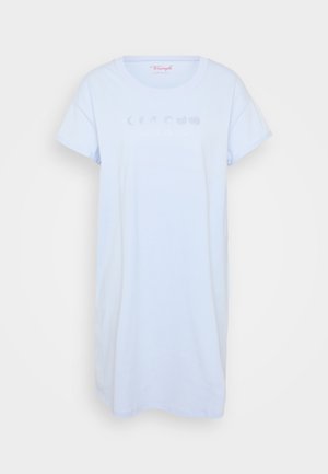Light blue cotton nightdress with short sleeves, featuring a lunar phase graphic in white across the chest and a round neckline.