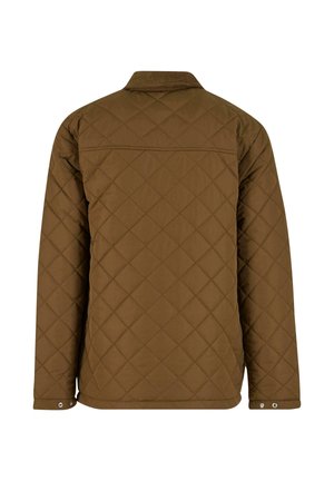 Braune gesteppte Jacke mit Rautenmuster, langen Ärmeln und Kragen. Verfügt über einen Druckknopfverschluss an den Bündchen und ein sauberes Rückendesign.