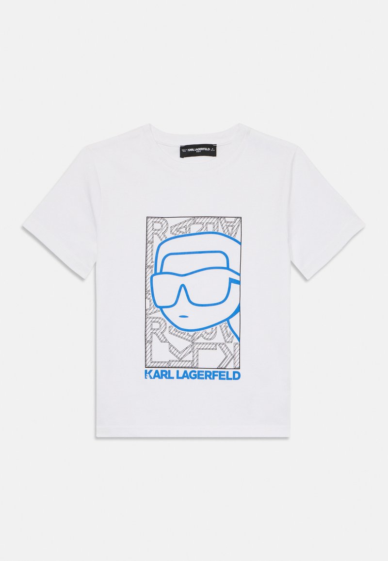 White cotton t-shirt featuring a blue graphic of a stylized head with sunglasses, framed by a black line design, and "KARL LAGERFELD" text.