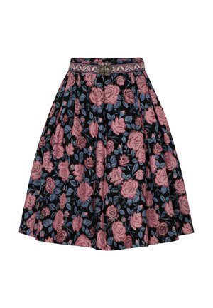 Bloemenrok met een zwarte achtergrond en roze en blauwe rozen, geplooid ontwerp en een decoratieve tailleband met een metalen accent.