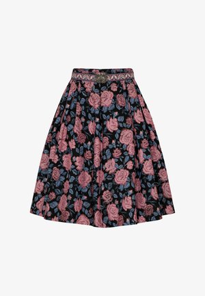 Bloemenrok met een zwarte achtergrond en roze en blauwe rozen, geplooid ontwerp en een decoratieve tailleband met een metalen accent.