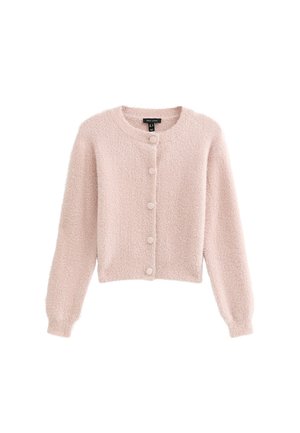 Cardigan fluffy rosa chiaro con scollatura rotonda, maniche lunghe e sei bottoni frontali. Tessuto morbido con una vestibilità corta e senza motivi.