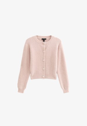 Helles rosa, flauschiges Strickjacke mit Rundhalsausschnitt, langen Ärmeln und sechs vorderen Knöpfen. Weicher Stoff mit verkürzter Passform und ohne Muster.