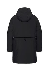 Zwarte waterdichte parka met capuchon. Voorzien van een tailleband, lange mouwen en een rechte snit. Glad textuur zonder zichtbare patronen.