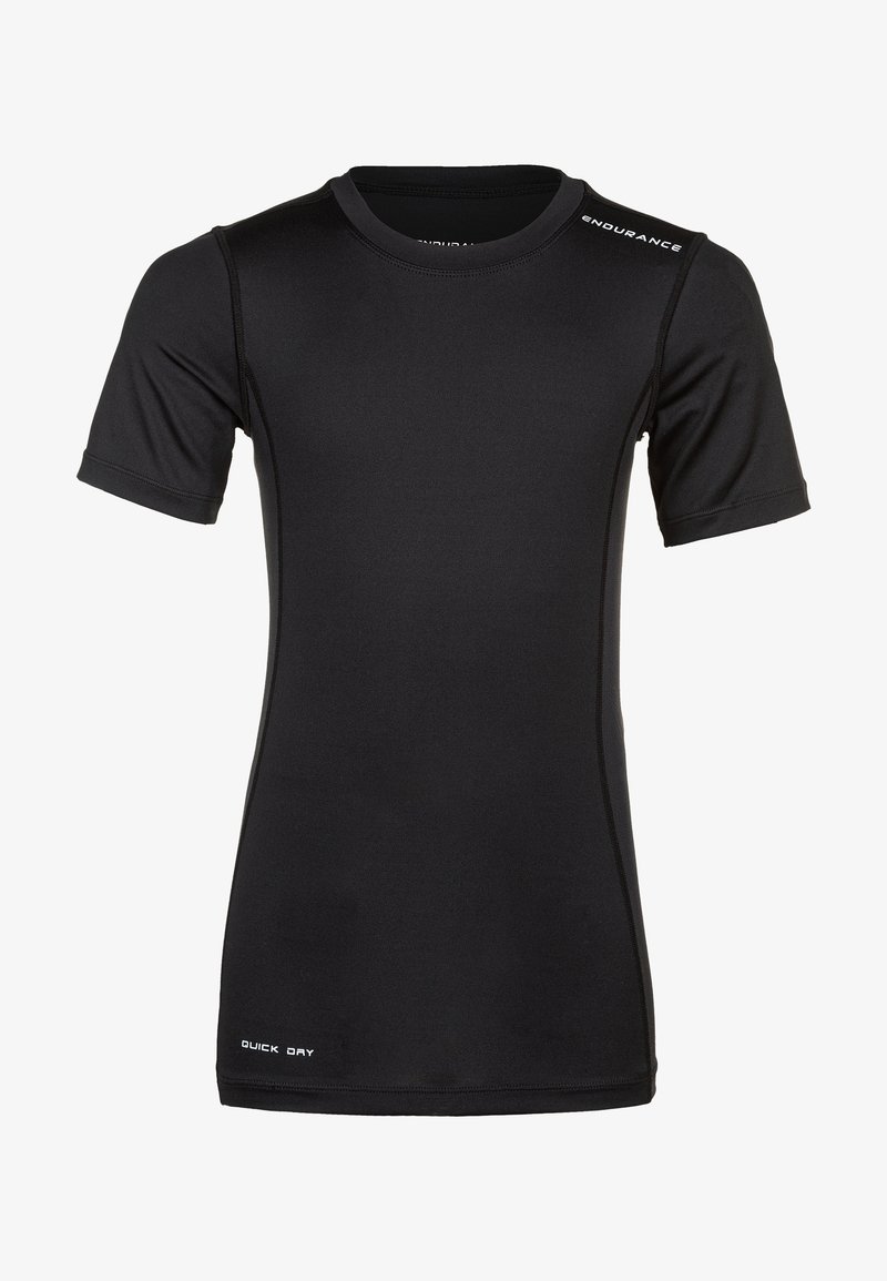 Svart kortärmad träningsskjorta i snabbtorkande material. Har en rund halsringning och accenttrådning med "QUICK DRY"-etikett nederst.