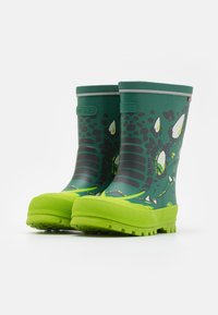 Bottes de pluie en caoutchouc vert avec un design de dragon ; elles présentent une semelle texturée verte, des accents blancs et des yeux vibrants. Convient aux conditions humides.