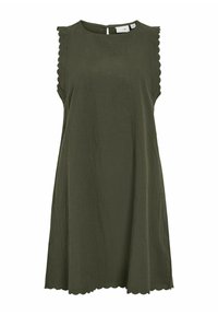 Vestido sin mangas en verde oliva con un corte holgado, bordes en forma de ondas en las sisas y el dobladillo, y cierre de ojal en la parte posterior. Hecho de una tela texturizada.
