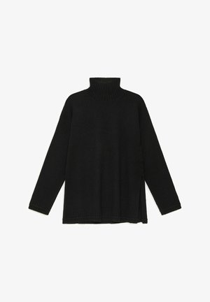 Maglione nero a collo alto con trama a coste, vestibilità oversize, maniche lunghe, spacchi laterali e polsini e orlo a coste. Tessuto morbido.
