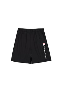 Pantaloni sportivi neri realizzati in tessuto leggero, con cintura elastica e logo "Champion" bianco con un emblema rosso e bianco.
