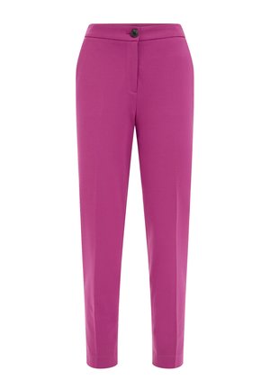 Pantalon slim taille haute magenta avec bouton frontal et fermeture éclair dissimulée, jambes droites, sans poches visibles.