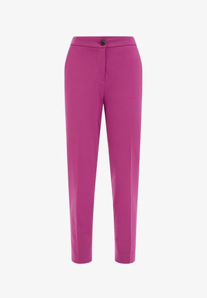 Pantalon slim taille haute magenta avec bouton frontal et fermeture éclair dissimulée, jambes droites, sans poches visibles.