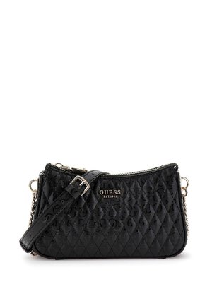 Sac à bandoulière matelassé GUESS noir avec sangle ajustable, quincaillerie argentée et fermeture à glissière, avec motif embossé et logo sur le devant.