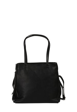 Sac cabas en cuir noir avec doubles bretelles, poche latérale zippée et finition texturée.