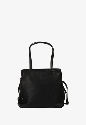 Zwarte leren shopper met dubbele schouderbanden, zijritsvak en een getextureerde afwerking.