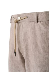 Beige Baumwollmischungshosen mit einer strukturierten Oberfläche, ausgestattet mit einem Kordelzugbund und einem vorderen Knopf-Detail.