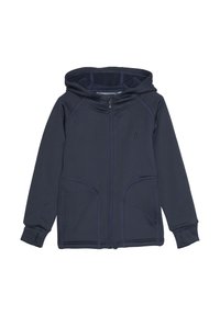 Marineblå hettegenser med glidelås laget av myk stoff, med hette, to frontlommer og kontrastsøm langs sømmene.