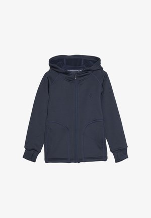 Felpa con zip di colore blu navy realizzata in tessuto morbido, dotata di cappuccio, due tasche frontali e cuciture a contrasto lungo le cuciture.