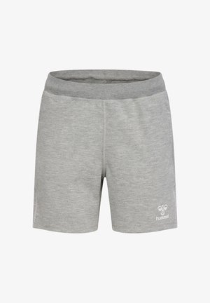 Hellgraue Baumwollshorts mit elastischem Bund und kleinem weißem Hummel-Logo am linken Bein, Vorderansicht auf weißem Hintergrund.