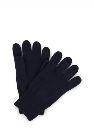 Par de guantes de invierno negros tejidos con puños acanalados, colocados sobre un fondo blanco.