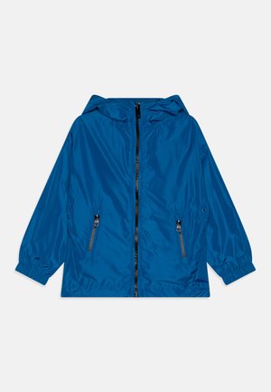 Blue lightweight jacket with a hood, front zipper, and two zippered side pockets. Made of smooth, shiny material with elastic cuffs.