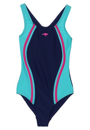 Badeanzug mit einem marineblauen Körper, türkisfarbenen und rosa Akzenten, einem V-Ausschnitt und dünnen Trägern, die für eine stromlinienförmige Bewegung im Wasser ausgelegt sind.