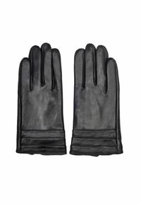 Czarne skórzane rękawiczki o gładkiej fakturze, z okrągłym kształtem, czterema palcami i poziomymi plisowanymi akcentami przy nadgarstku.