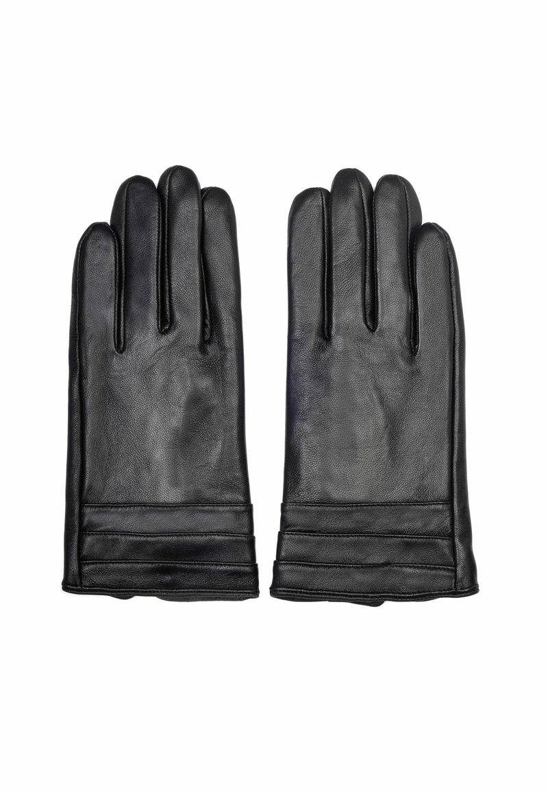 Czarne skórzane rękawiczki o gładkiej fakturze, z okrągłym kształtem, czterema palcami i poziomymi plisowanymi akcentami przy nadgarstku.