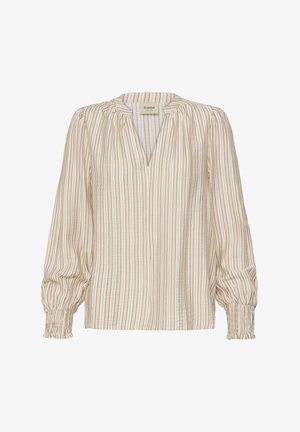 Halenka s dlouhým rukávem v krémové barvě s vertikálními pruhy v béžové. Má výstřih do V, nařasené švy na ramenou a elastické manžety. Lehká látka.