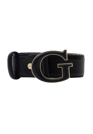 Cinturón de cuero negro con una gran hebilla "G" en negro y dorado, y pequeña marca "Guess" en el lateral.