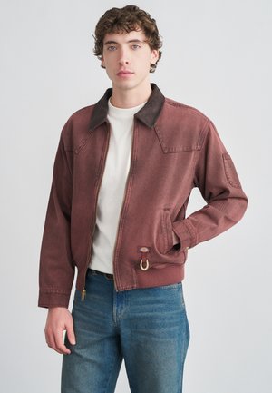 Μπορντό ζακέτα με φερμουάρ και καφέ γιακά, υφασμάτινη με υφή, δύο τσεπάκια στα πλάγια και χρυσό δαχτυλίδι στη μέση. Φορεμένη πάνω από άσπρο πουκάμισο.