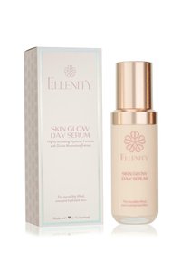Siero Giornaliero Ellenity Skin Glow in una bottiglia di vetro satinato con pompa rosa oro, confezionato in una scatola beige con dettagli e accenti rosa.