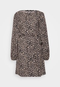 Haljina s leopard uzorkom, dugih rukava, V-izrezom, sa strukiranim pojasom i detaljem za vezanje. Izrađena od mekog, strukturiranog materijala u bež i crnoj boji.