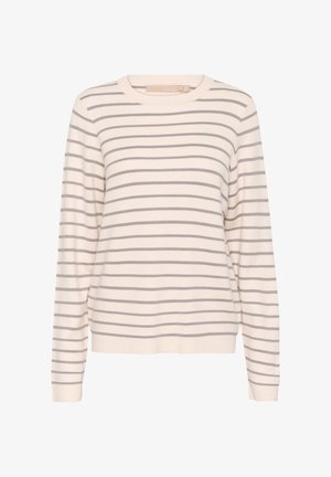 Pulover de culoare crem cu dungi gri, gât rotund, mâneci lungi și tiv ribborat. Textură moale, croială de lungime medie.