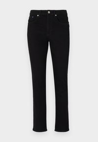 Črne jeans hlače s prilegnjenim dizajnom, pet žepov, kovinsko zapiranje in šivni detajli ob šivih.