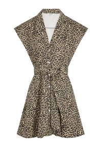 Robe à motif léopard avec un design enroulé, des manches courtes, une taille ceinturée et des boutons sur le devant. Fabriquée en tissu lisse.